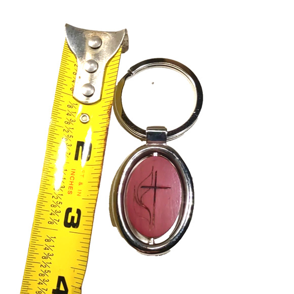 Religious Keychain Wooden Silver Tone Spinner Etched Cross - Picture 5 of 5